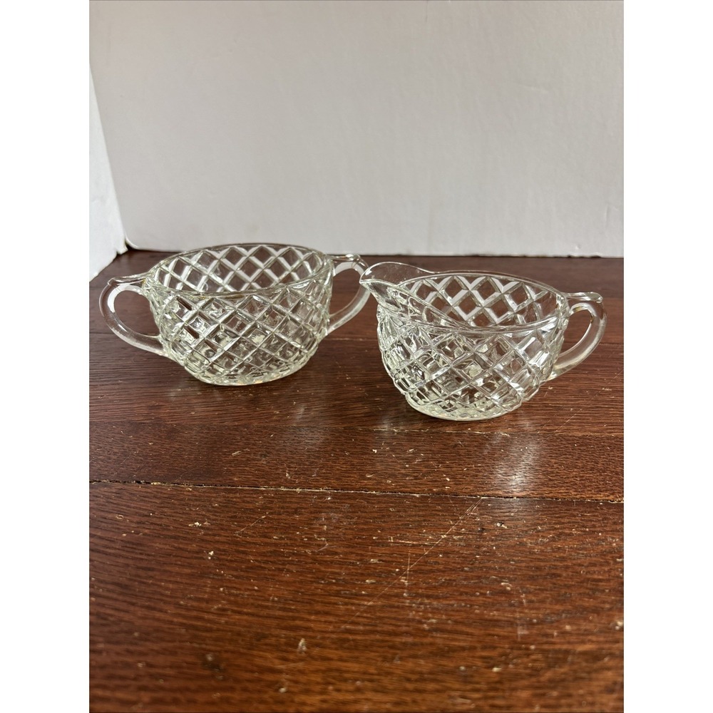 Vintage Waterford Clearby Anchor Hocking Sugar Bowl & Creamer  Diamond Pattern